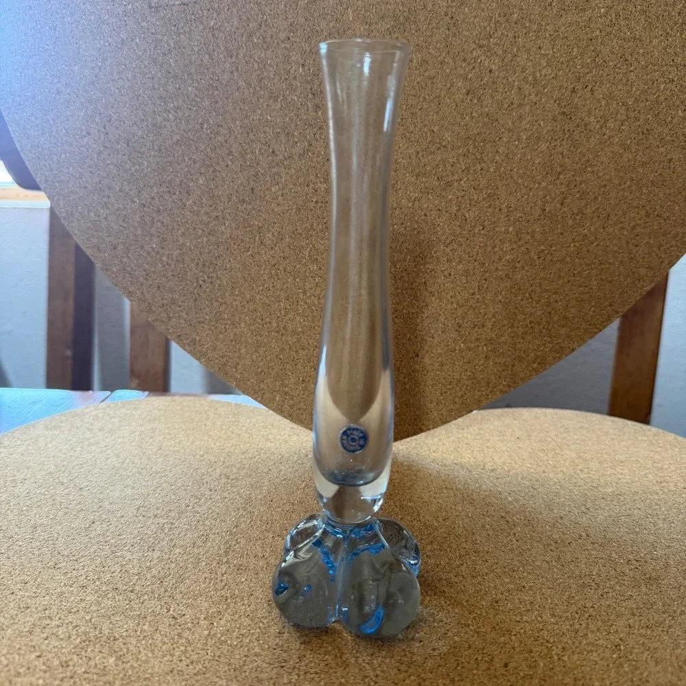 Vintage Swedish Art Glass Bud Vase Blue Clover Base Made in Sweden MCM 8 Inch